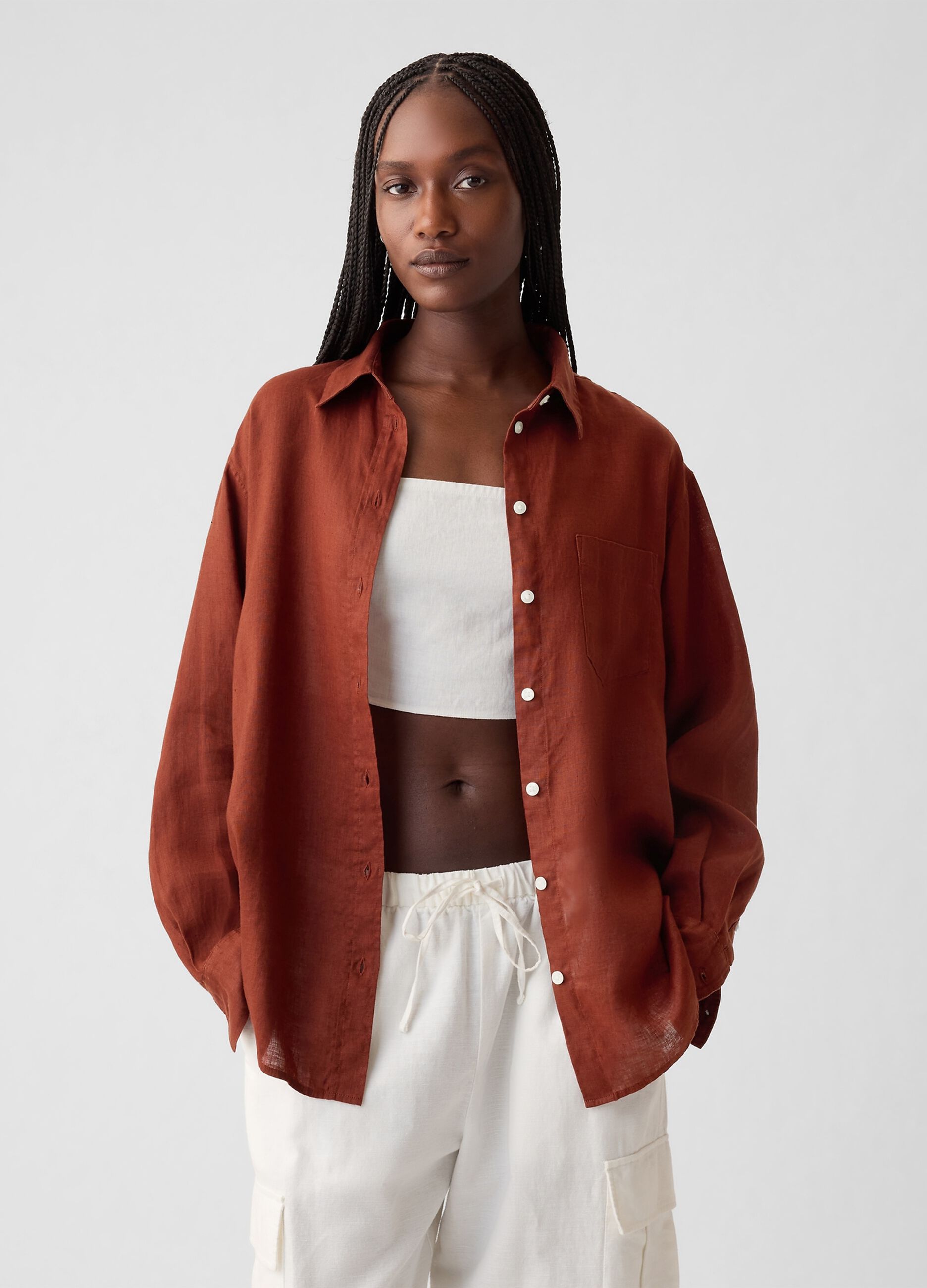 Camicia oversize in lino con tasca