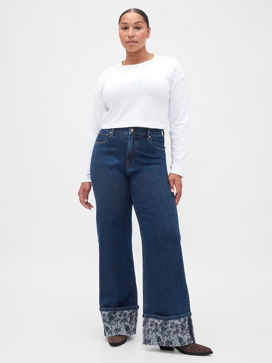 Wide denim trousers with floral turn-up Woman_4