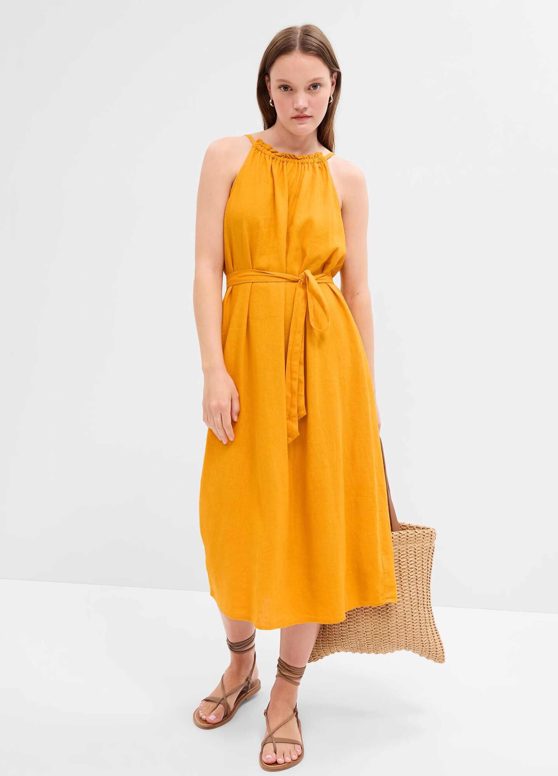 Midi dress in linen and viscose with halter neck